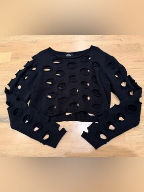 Hot Topic Black Distressed Hole-Detail Crew Neck Sweater